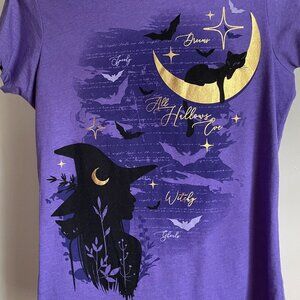 Witch Black Cat Moon Bats Halloween Short SleeveTop Size M Purple Black Gold Tee